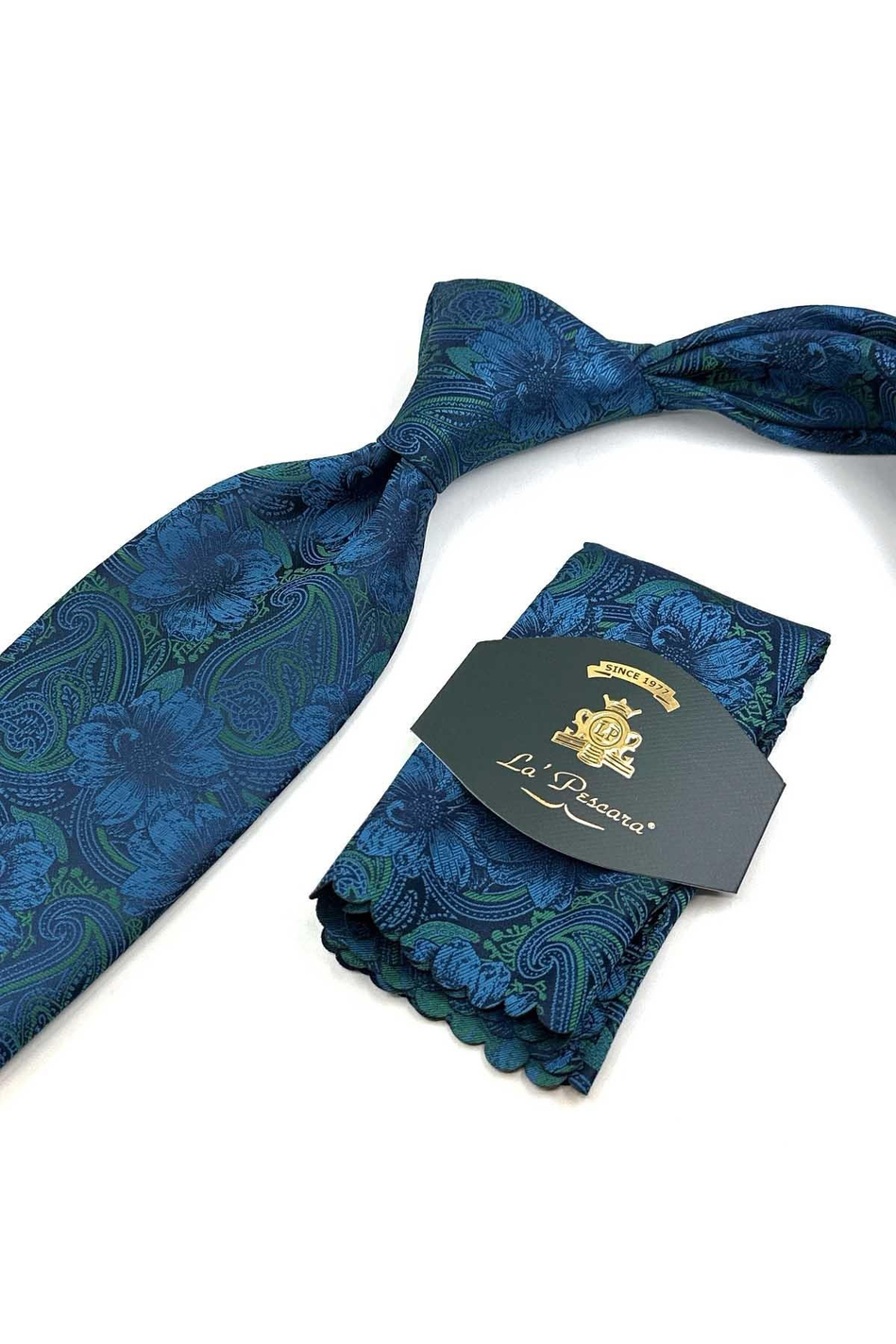 Lacivert - Yeşil Çiçek Desen Mendilli Klasik Kravat KK13336