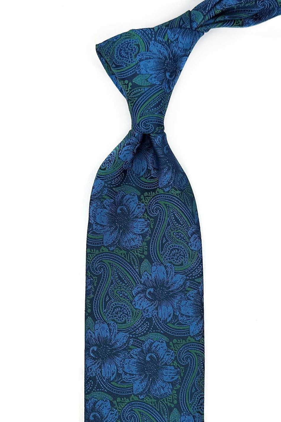 Lacivert - Yeşil Çiçek Desen Mendilli Klasik Kravat KK13336