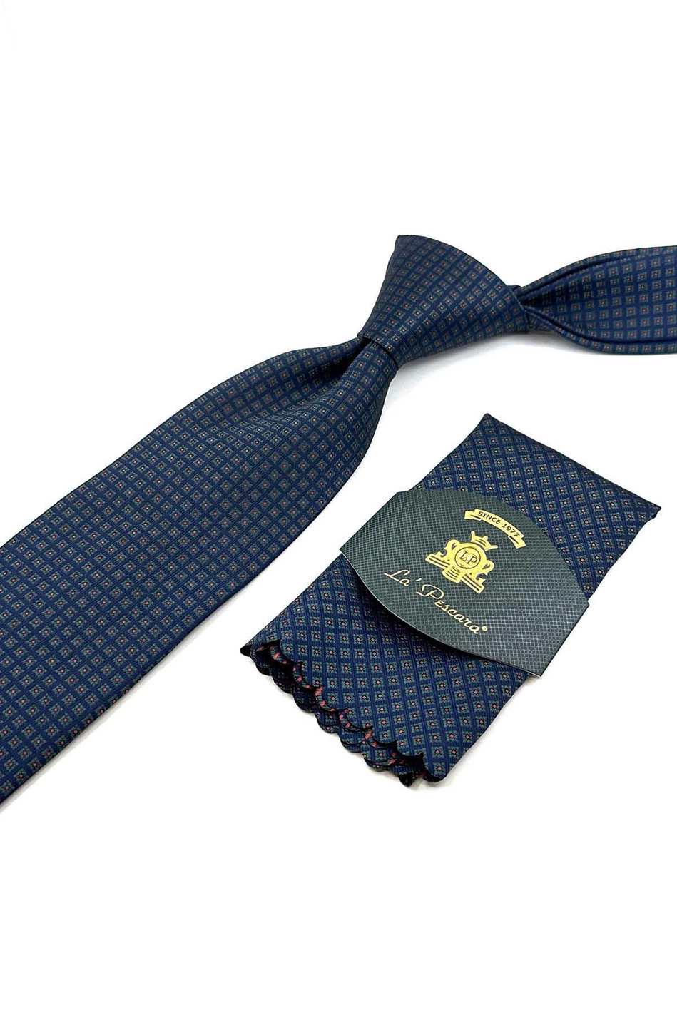 Lacivert - Yeşil Küçük Desen Mendilli Klasik Kravat KK12385
