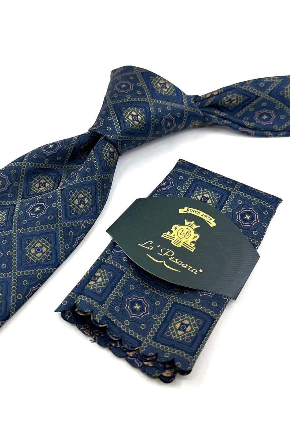 Lacivert Yeşil Motif Desen Mendilli Klasik Kravat KK13958