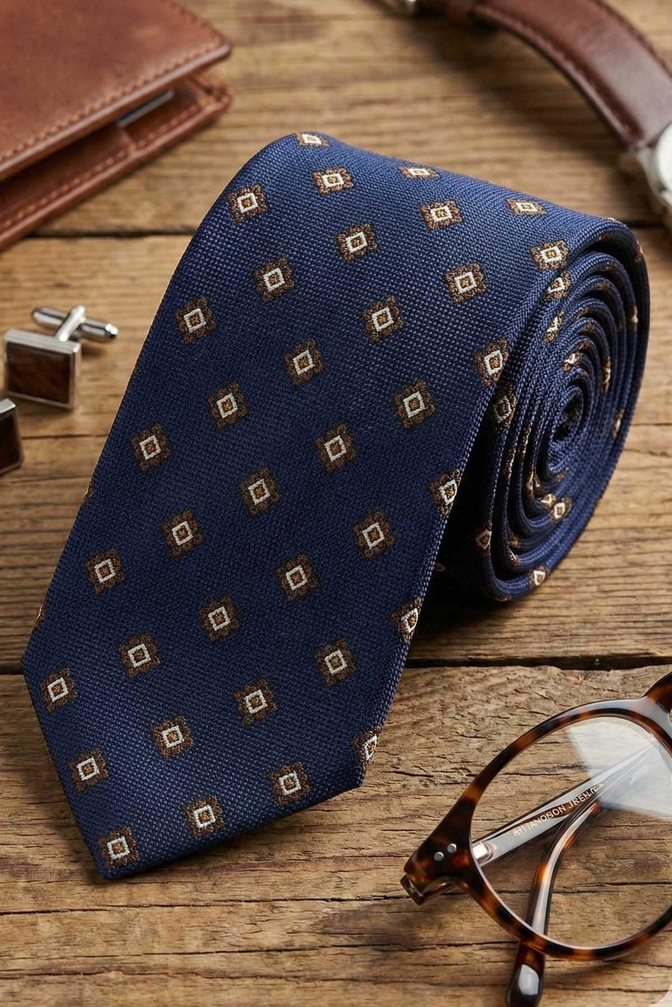 Malesco Style Lacivert Motif Desen İtalyan İpek Kravat İK2246