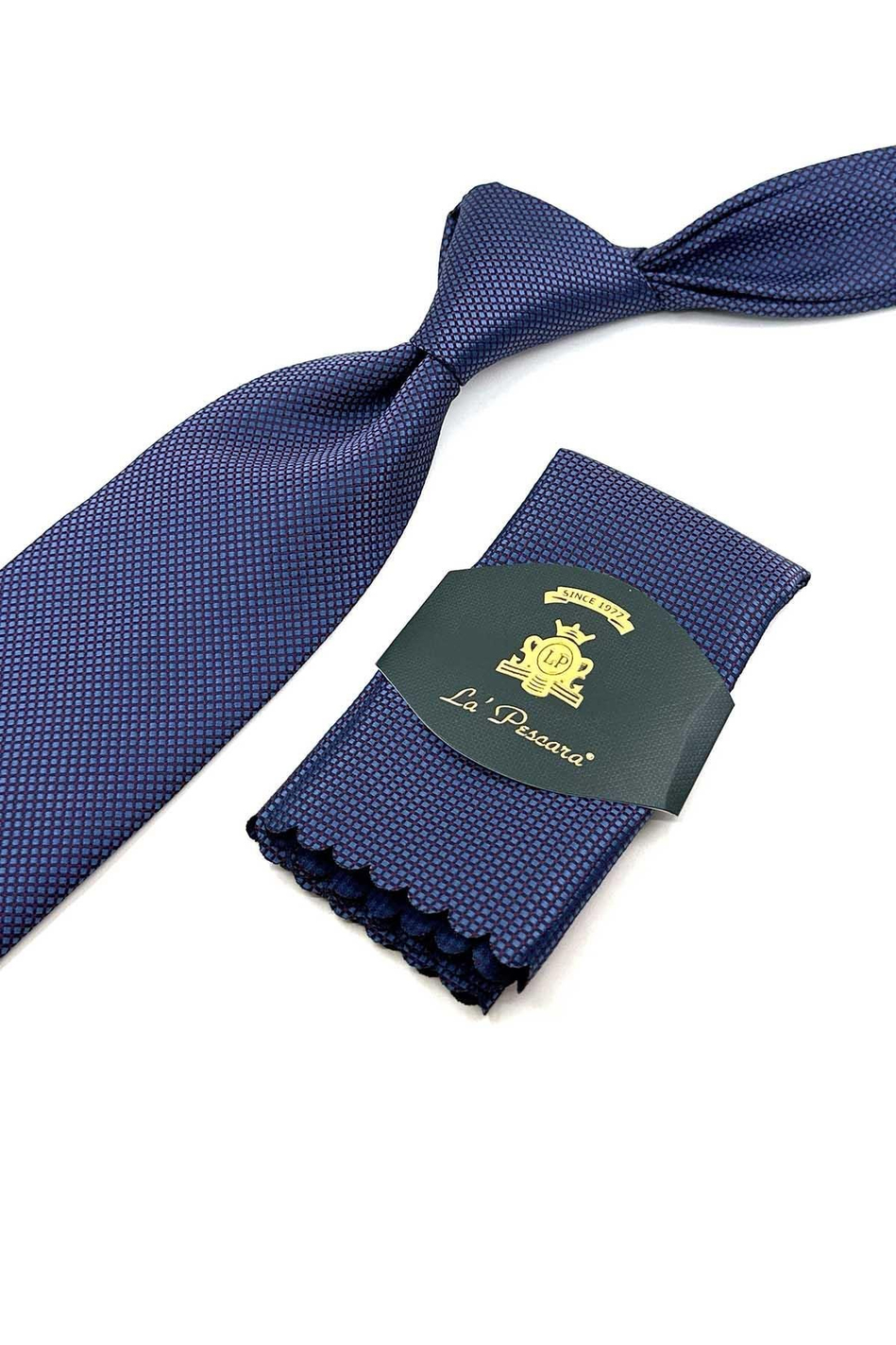 Mavi - Bej Kum Desen Mendilli Klasik Kravat KK12403