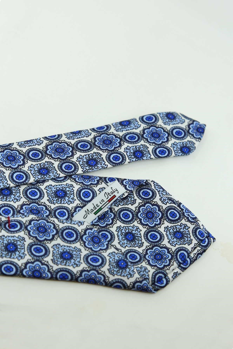 Mavi Beyaz Motif Desen İtalyan İpek Kravat İK2540