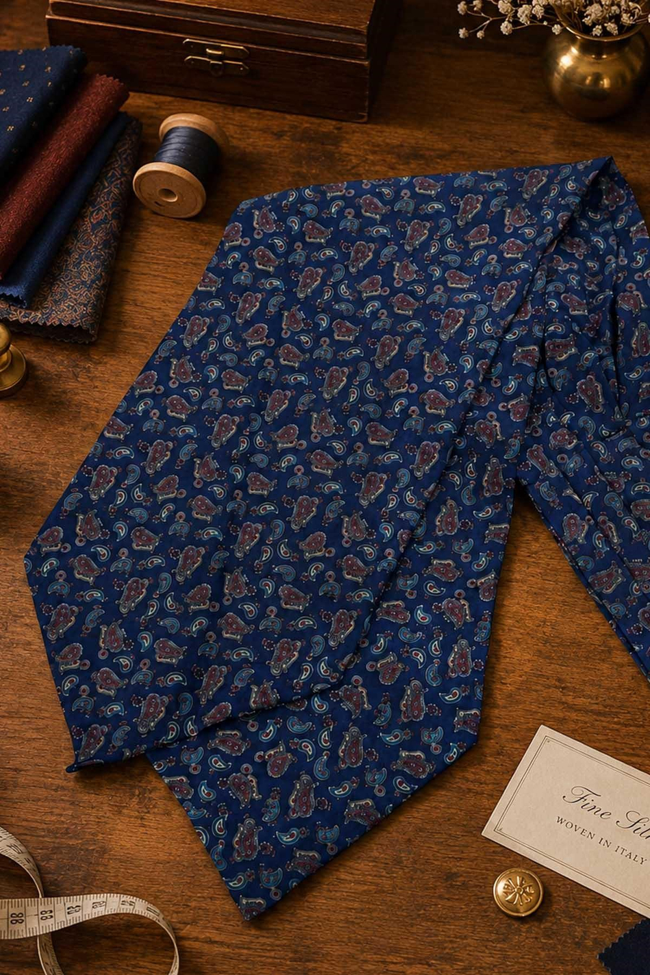 Mavi Bordo Şal Desen İtalyan İpek Ascot Kravat SAC100