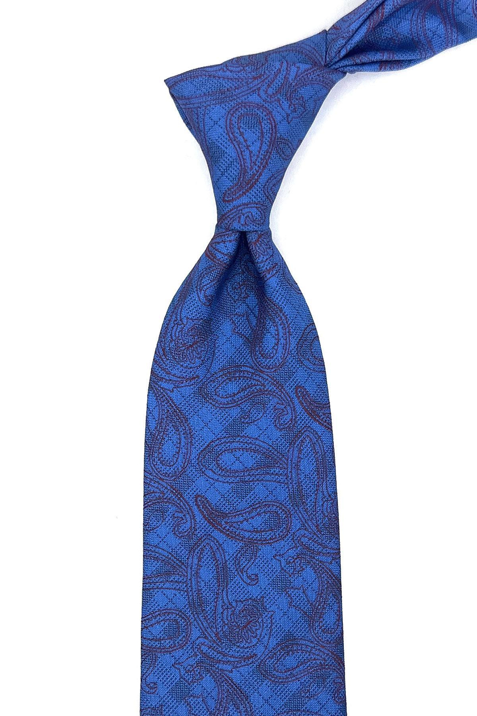 Mavi - Bordo Şal Desen Mendilli Klasik Kravat KK11801