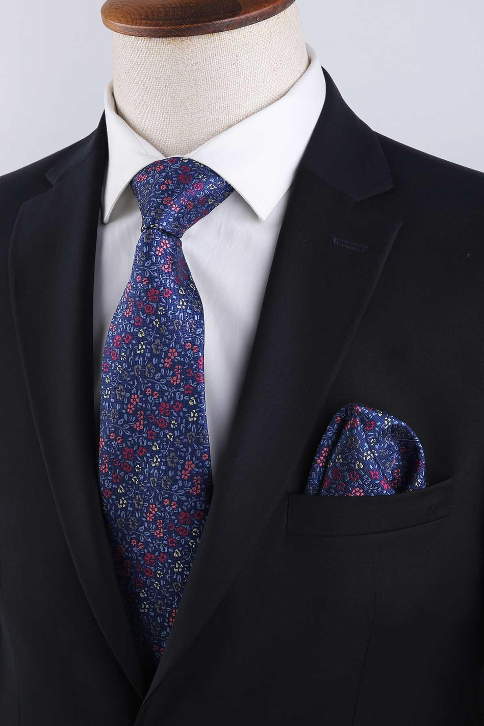 Mavi Çiçek Desen Mendilli Klasik Kravat KK13154