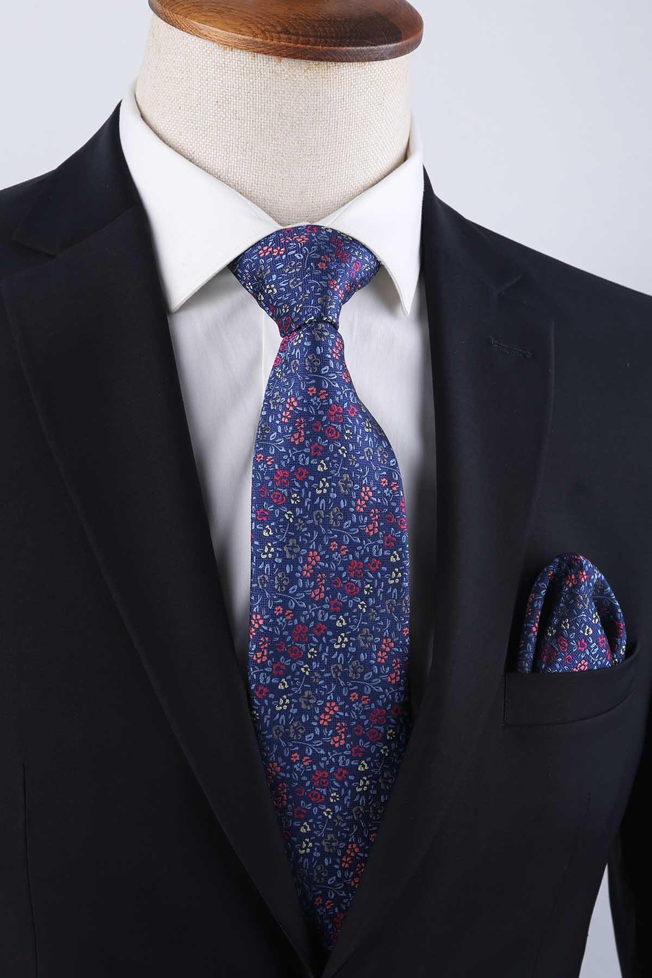 Mavi Çiçek Desen Mendilli Klasik Kravat KK13154