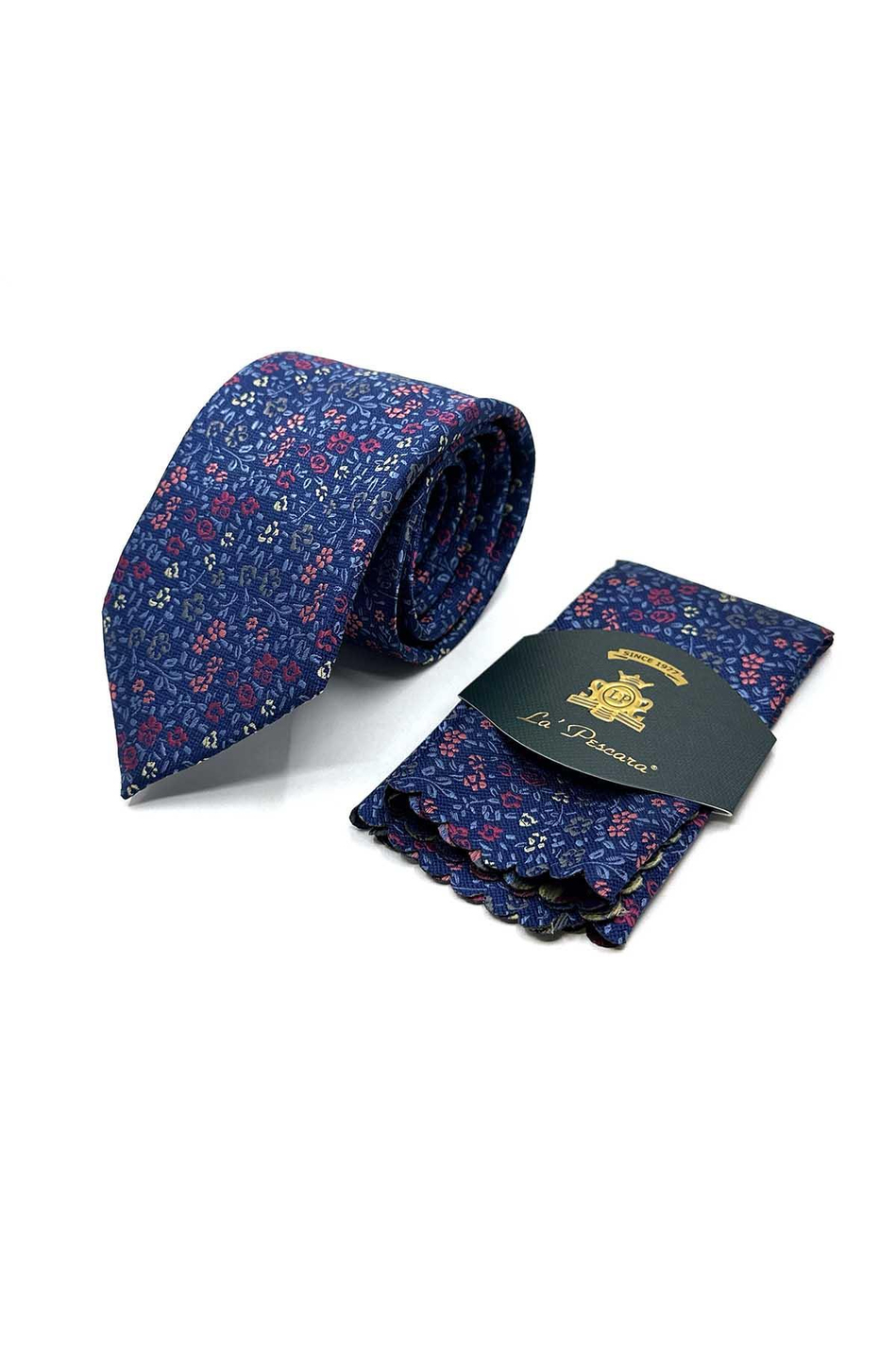Mavi Çiçek Desen Mendilli Klasik Kravat KK13154
