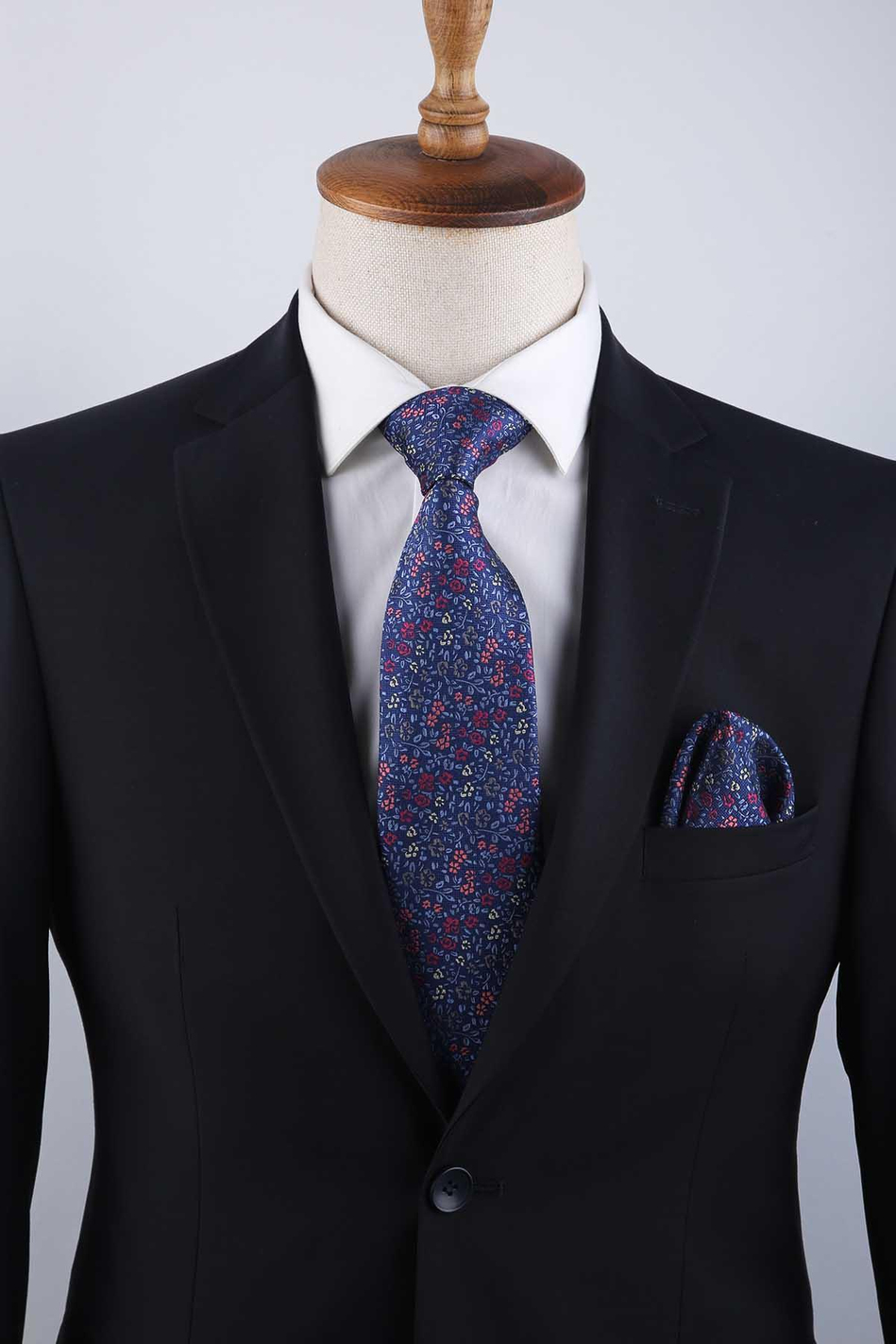 Mavi Çiçek Desen Mendilli Klasik Kravat KK13154