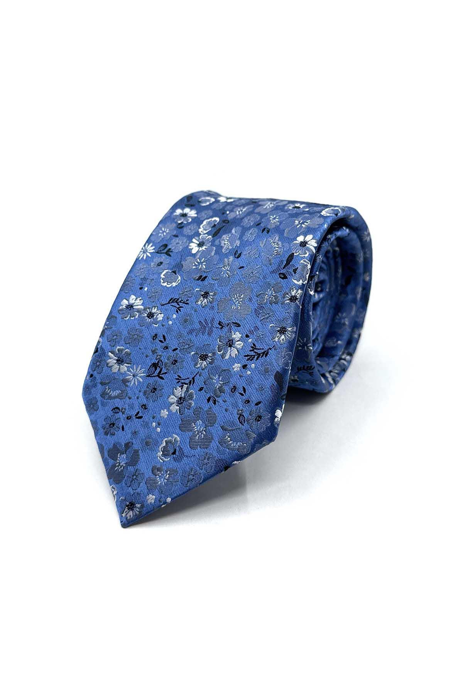 Mavi Çiçek Desen Mendilli Klasik Kravat KK13130