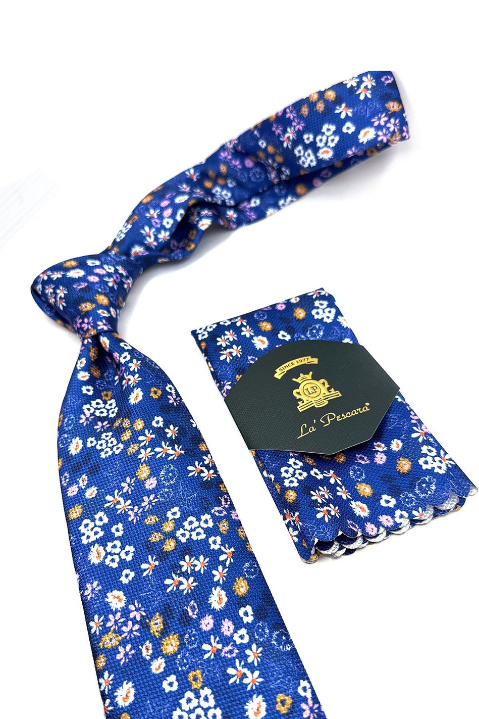 Mavi Çiçek Desen Mendilli Klasik Kravat KK11452