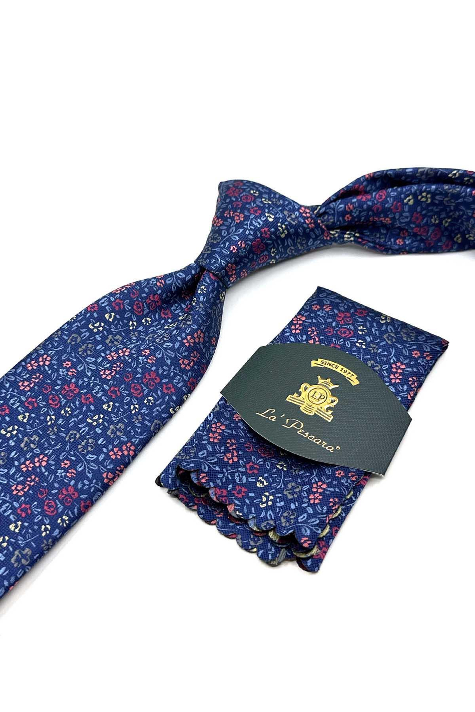 Mavi Çiçek Desen Mendilli Klasik Kravat KK13154