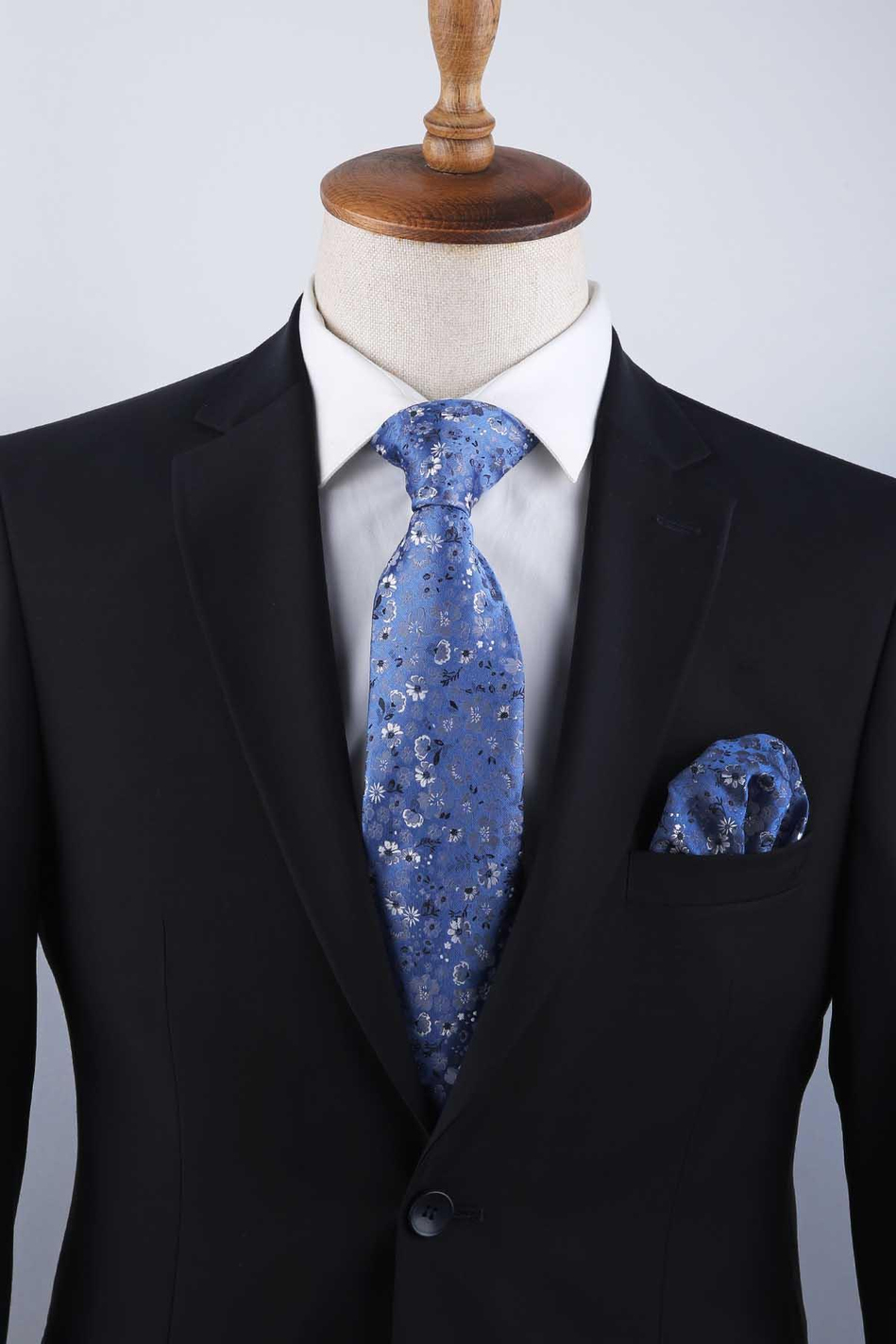 Mavi Çiçek Desen Mendilli Klasik Kravat KK13130