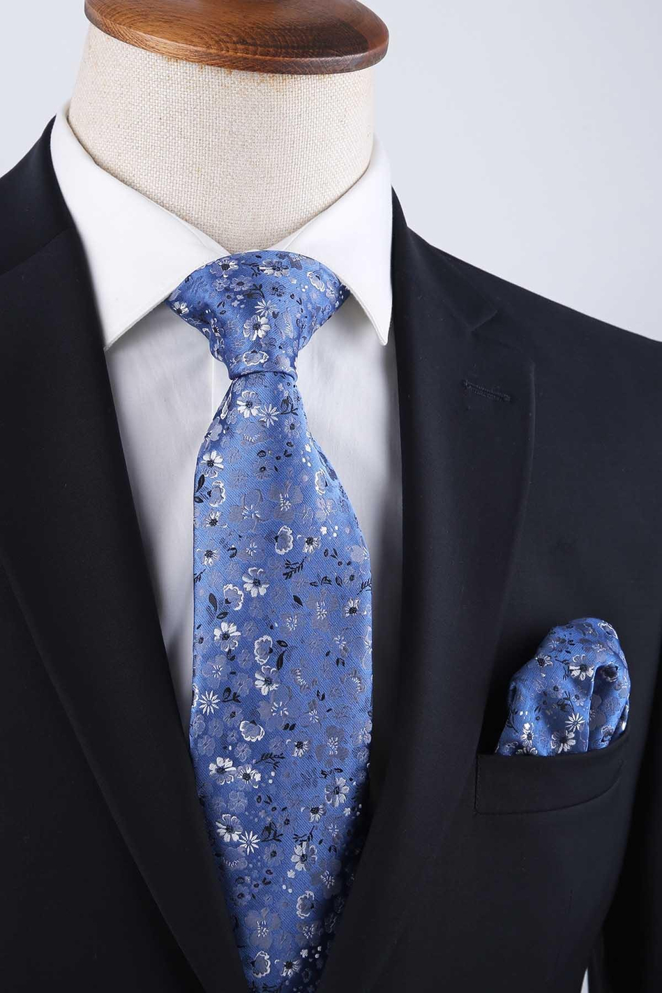 Mavi Çiçek Desen Mendilli Klasik Kravat KK13130