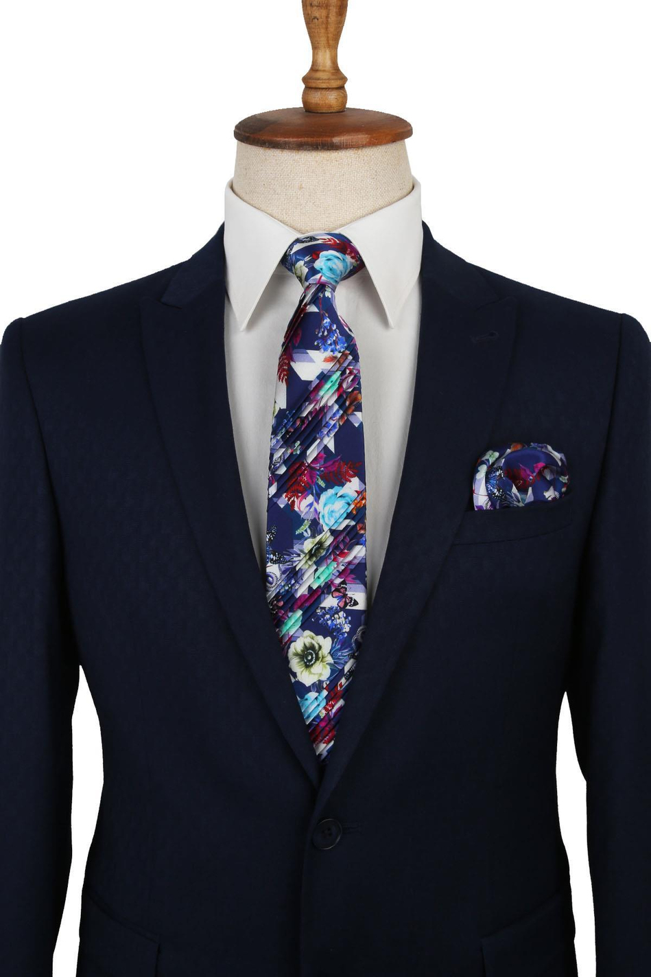 Mavi Çiçek Desen Piliseli İpek Kravat EST118
