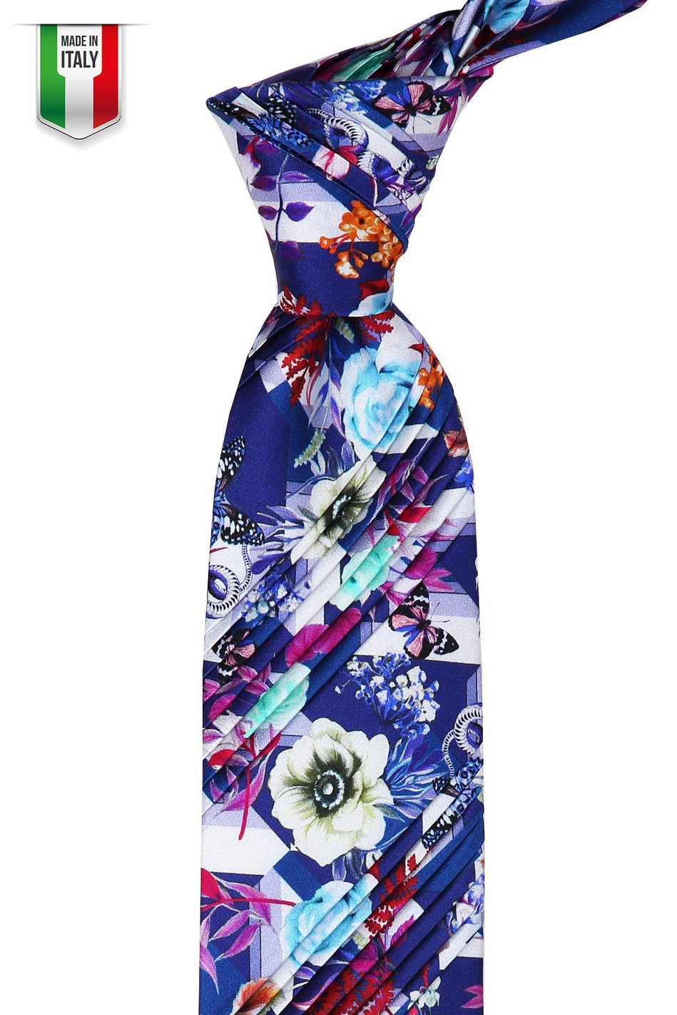 Mavi Çiçek Desen Piliseli İpek Kravat EST118