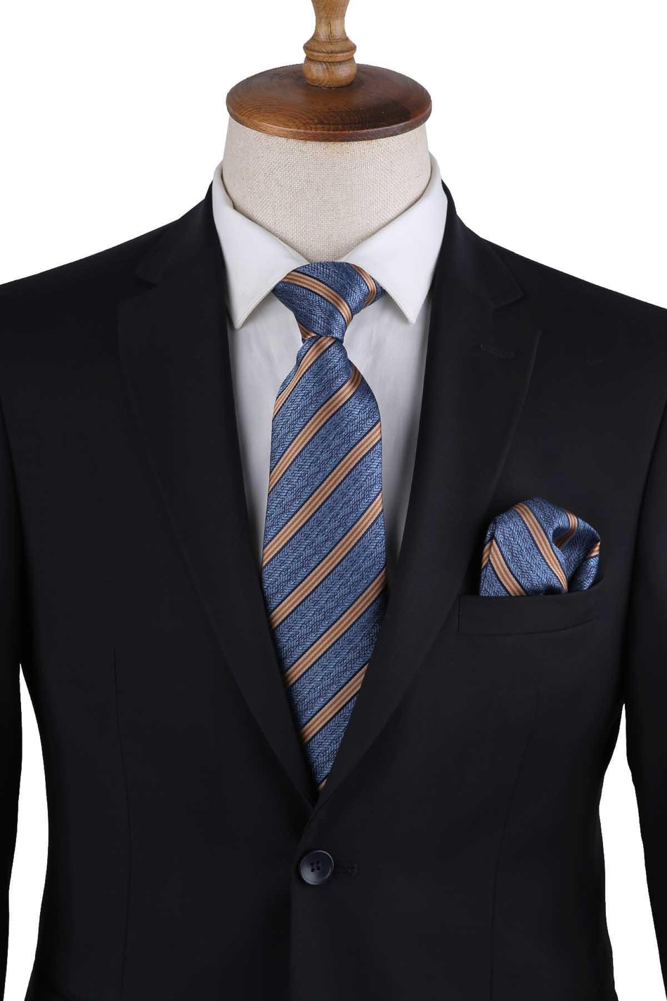 Mavi Çizgi Desen Mendilli Klasik Kravat KK13190