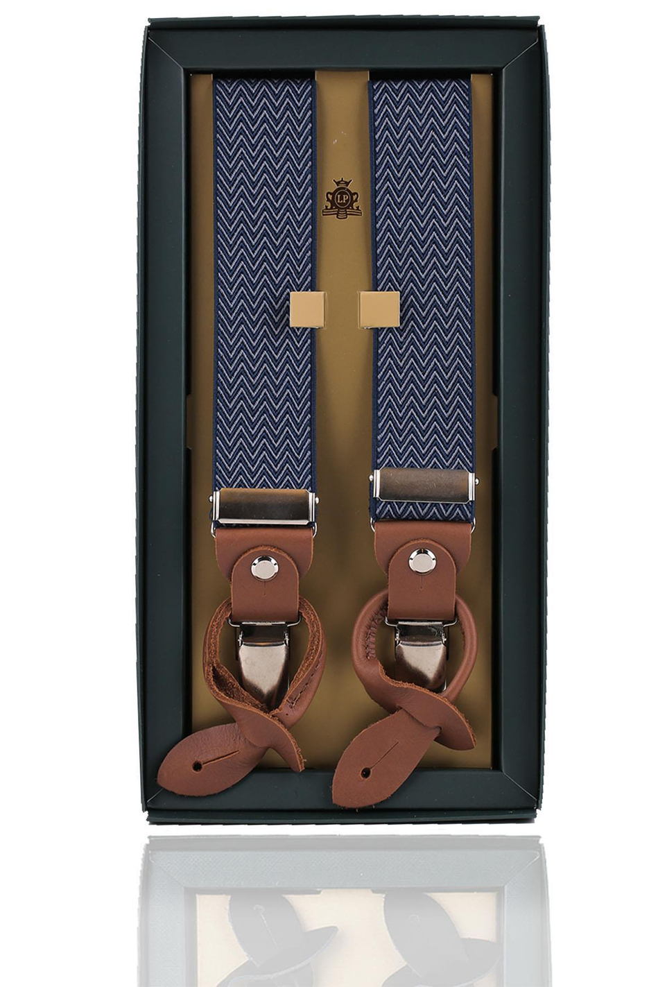 Mavi Deri Bağlantılı Düğme Delikli Jakarlı Pantolon Askısı PAN144