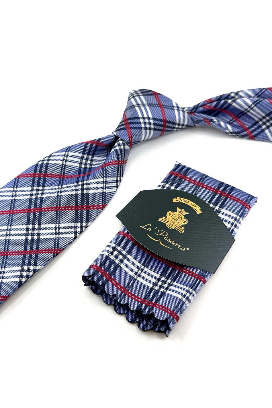 Mavi Ekose Desen Mendilli Klasik Kravat KK13196