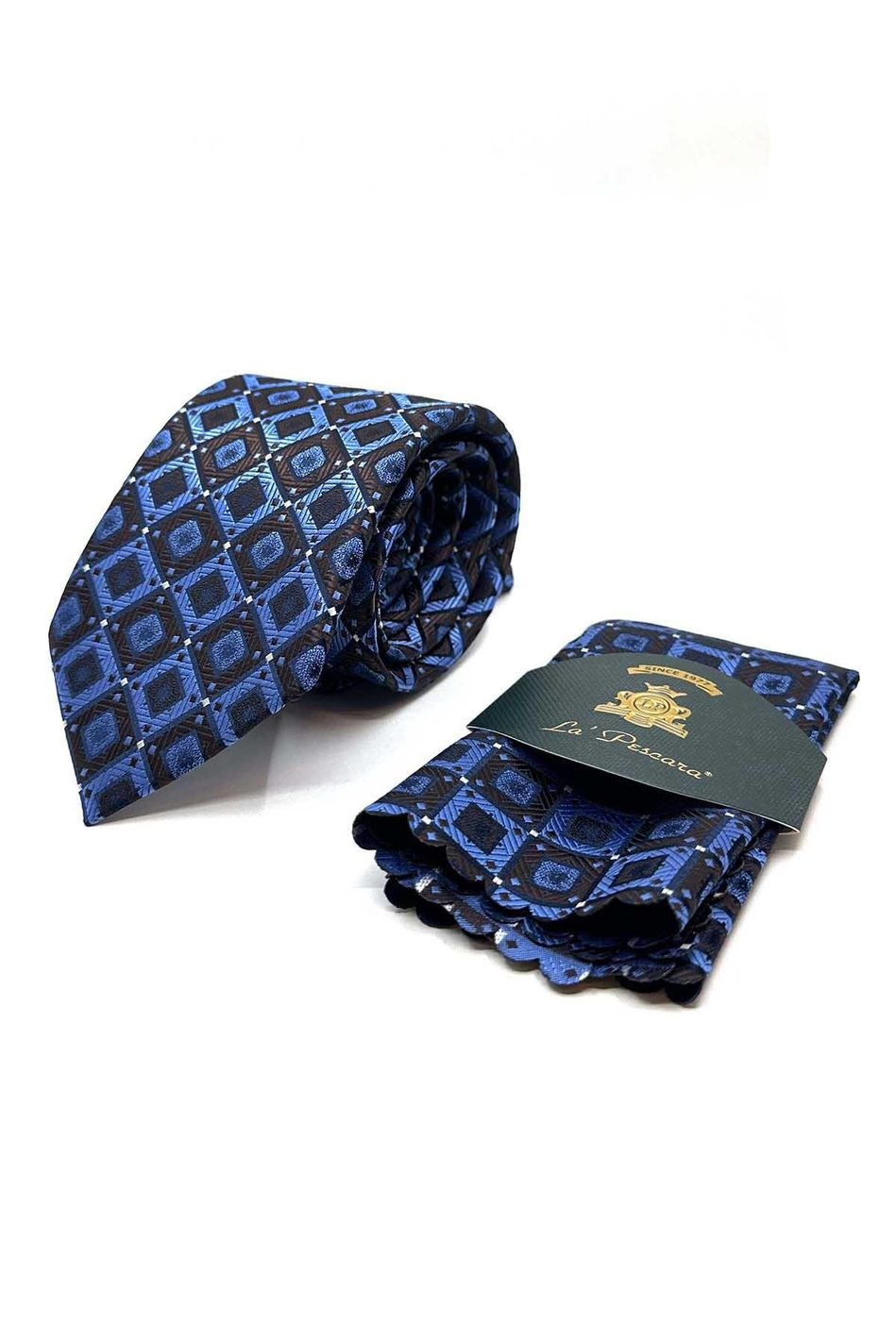 Mavi - Kahve Kare Desen Mendilli Klasik Kravat KK12868