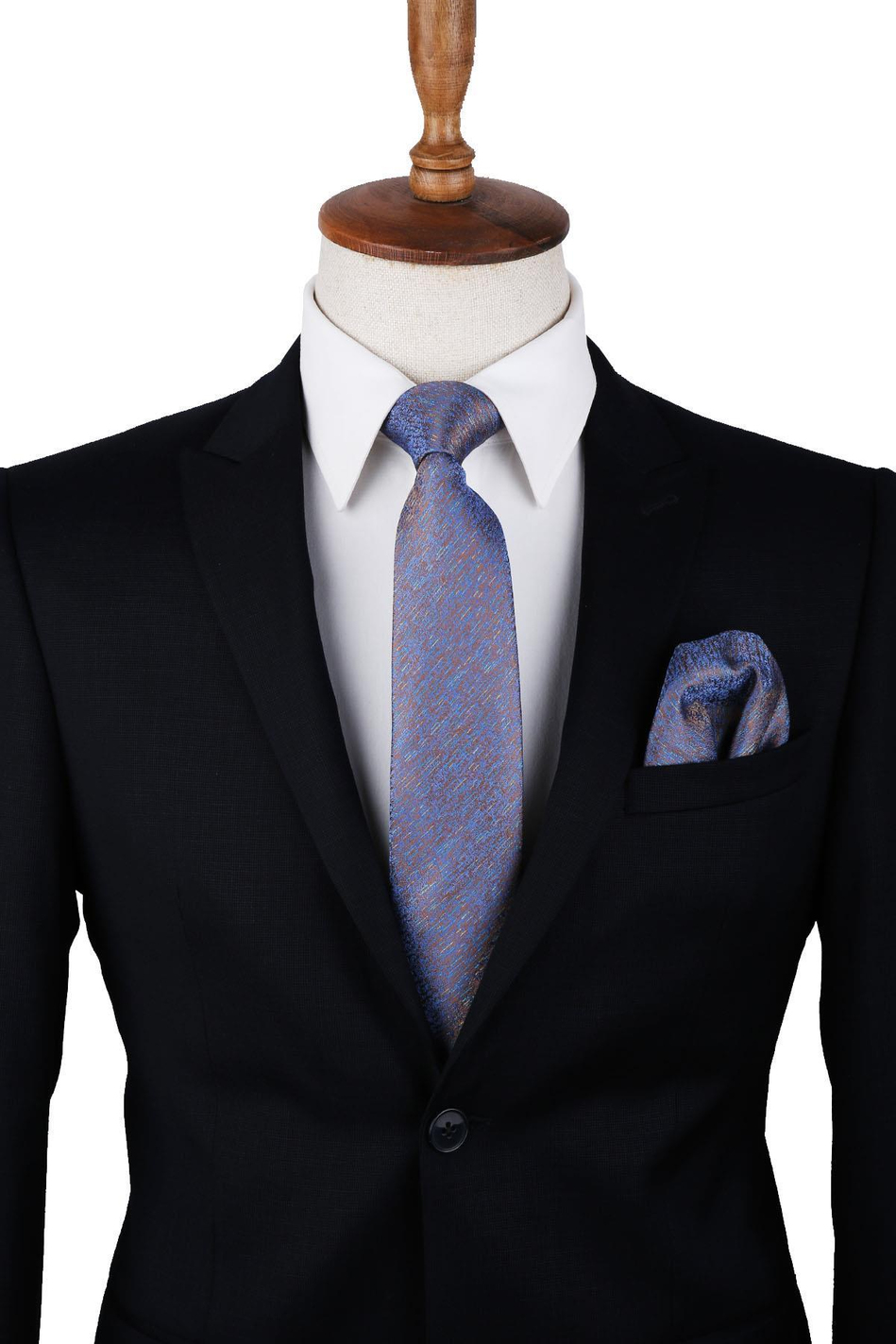 Mavi - Kahve Kum Desen Mendilli Klasik Kravat KK10035