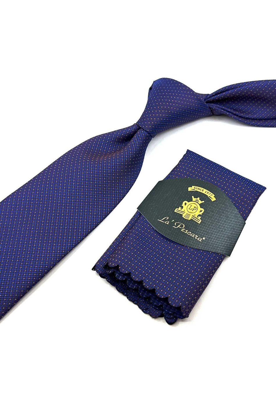 Mavi - Kahve Nokta Desen Mendilli Klasik Kravat KK12499