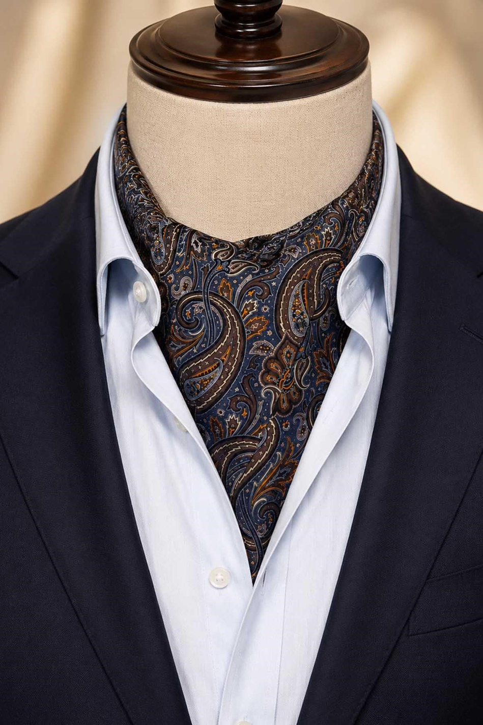 Mavi Kahve Şal Desen İtalyan İpek Ascot Kravat SAC121