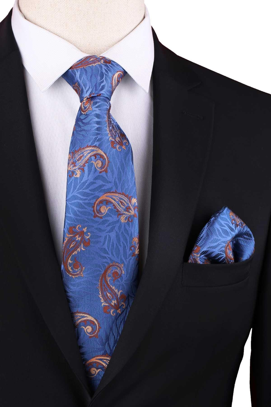 Mavi - Kahve Şal Desen Mendilli Klasik Kravat KK13303