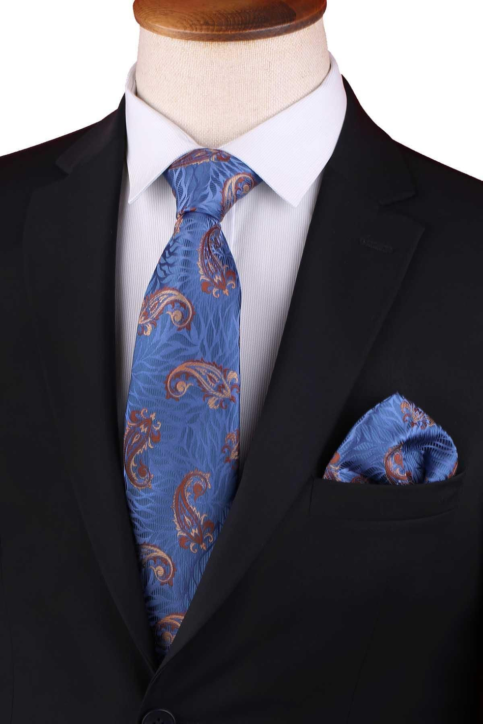 Mavi - Kahve Şal Desen Mendilli Klasik Kravat KK13303