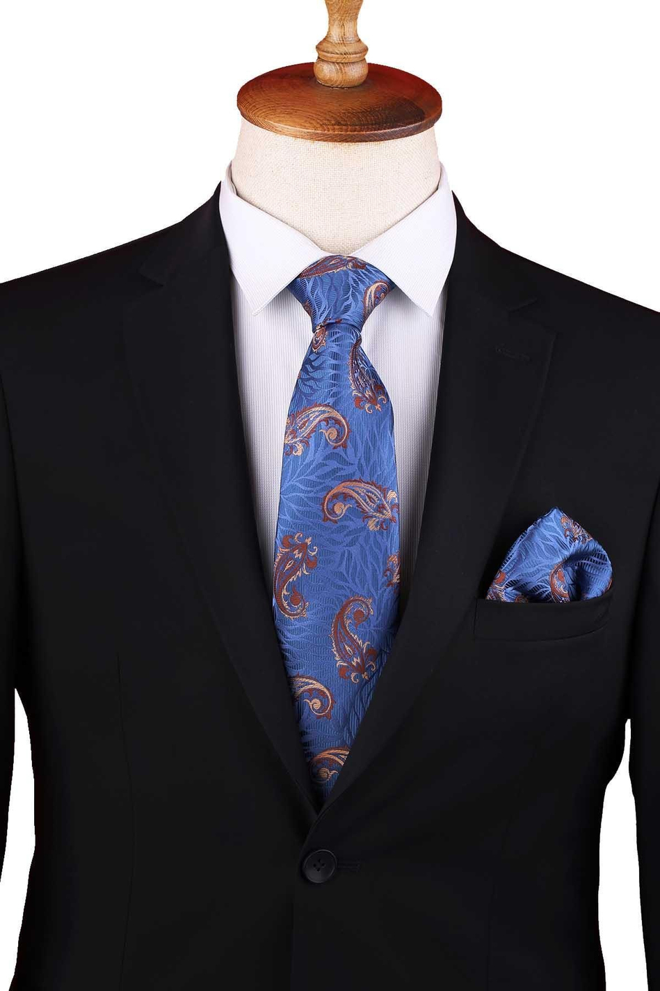 Mavi - Kahve Şal Desen Mendilli Klasik Kravat KK13303