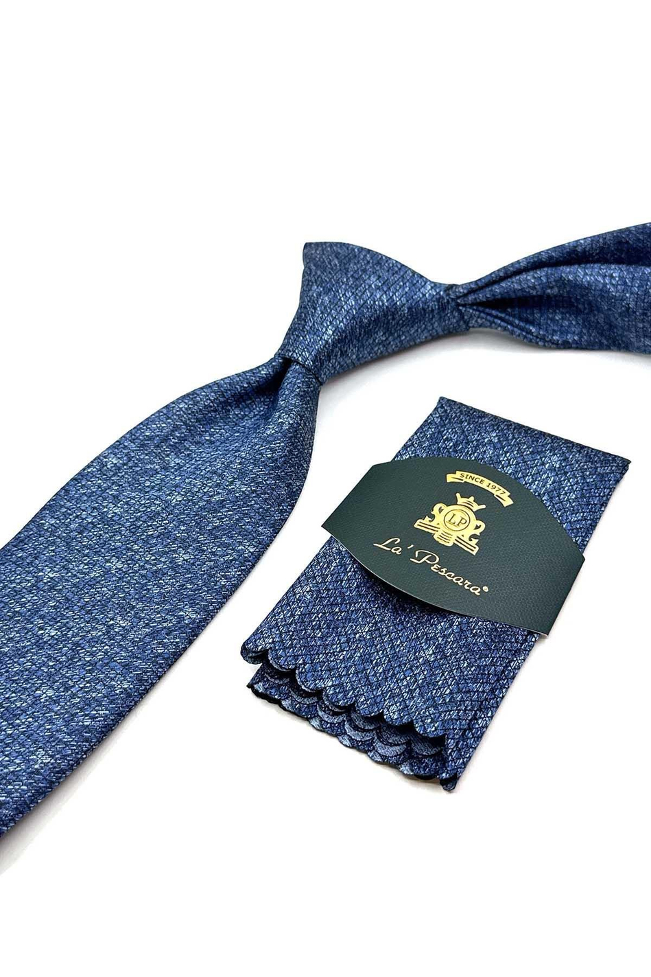 Mavi Kare Desen Mendilli Klasik Kravat KK13061