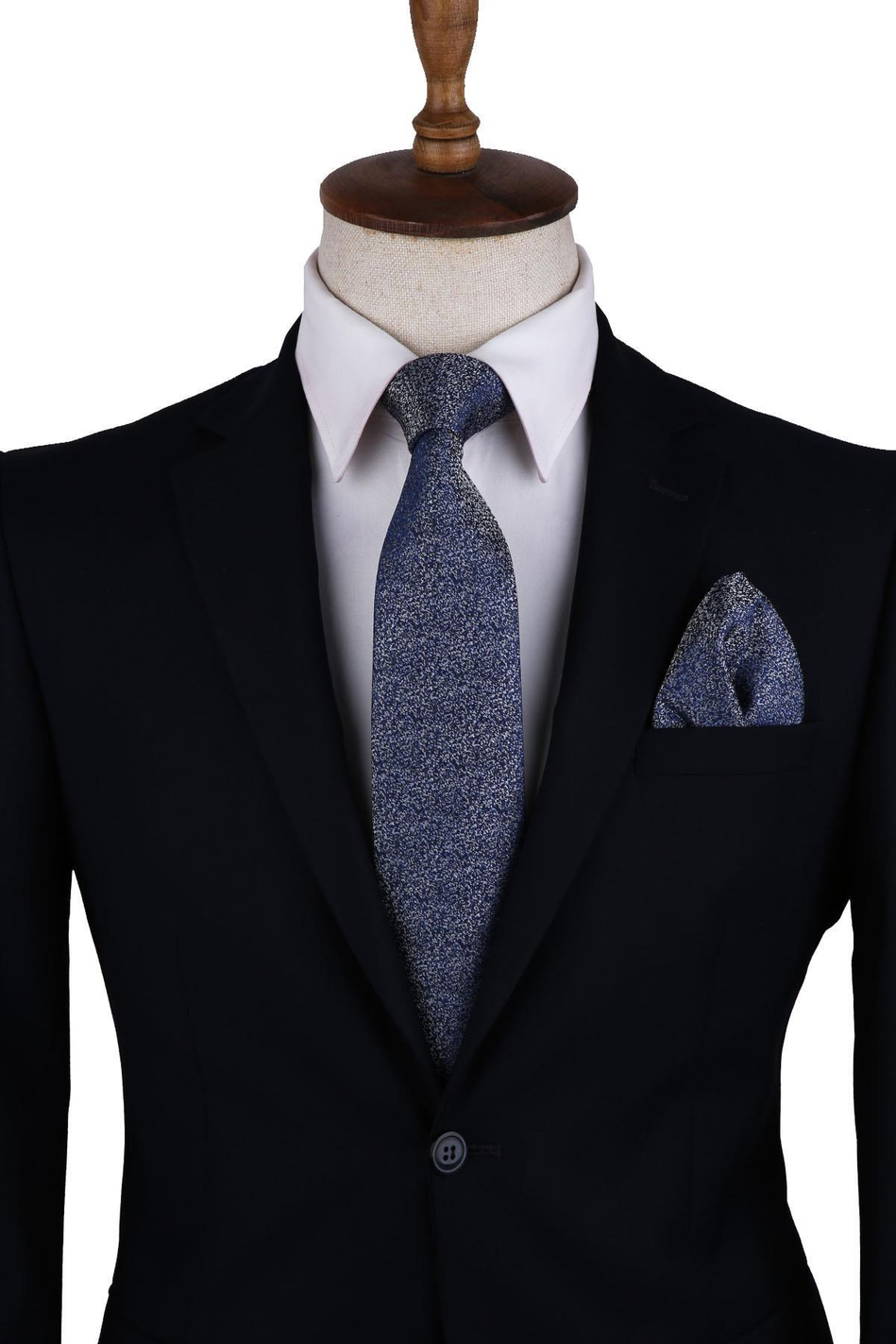 Mavi Kum Desen Mendilli Klasik Kravat KK10333