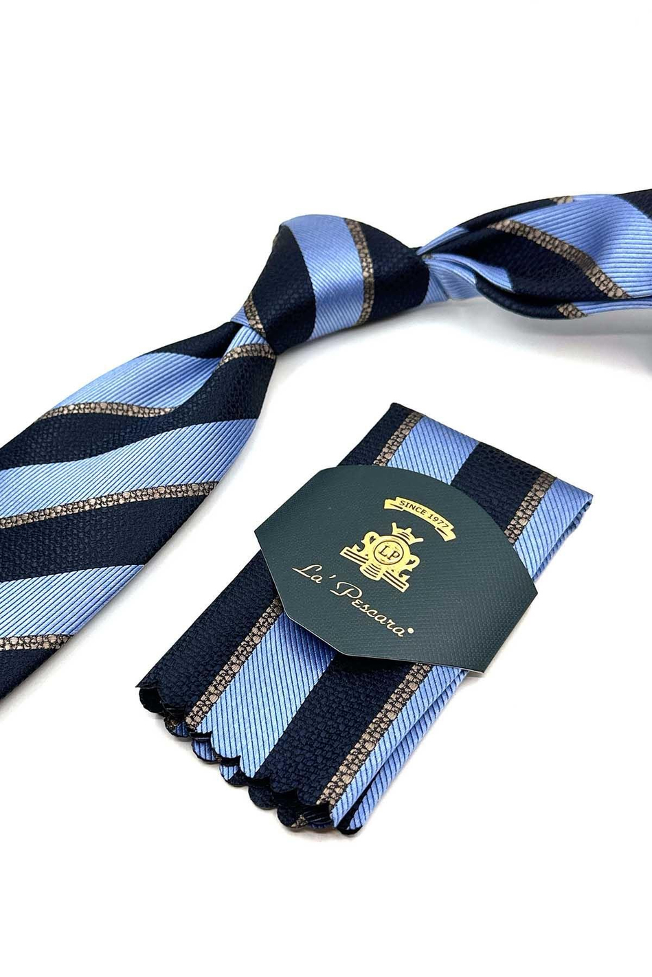 Mavi - Lacivert Çizgi Desen Mendilli Klasik Kravat KK13109