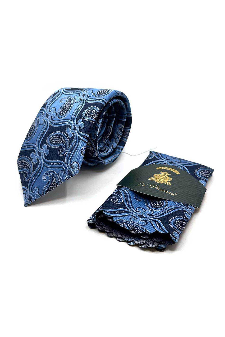 Mavi - Lacivert Şal Desen Mendilli Klasik Kravat KK12886