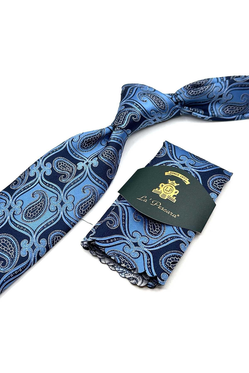 Mavi - Lacivert Şal Desen Mendilli Klasik Kravat KK12886