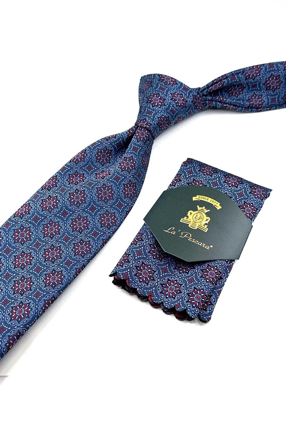 Mavi Motif Desen Mendilli Klasik Kravat KK12681