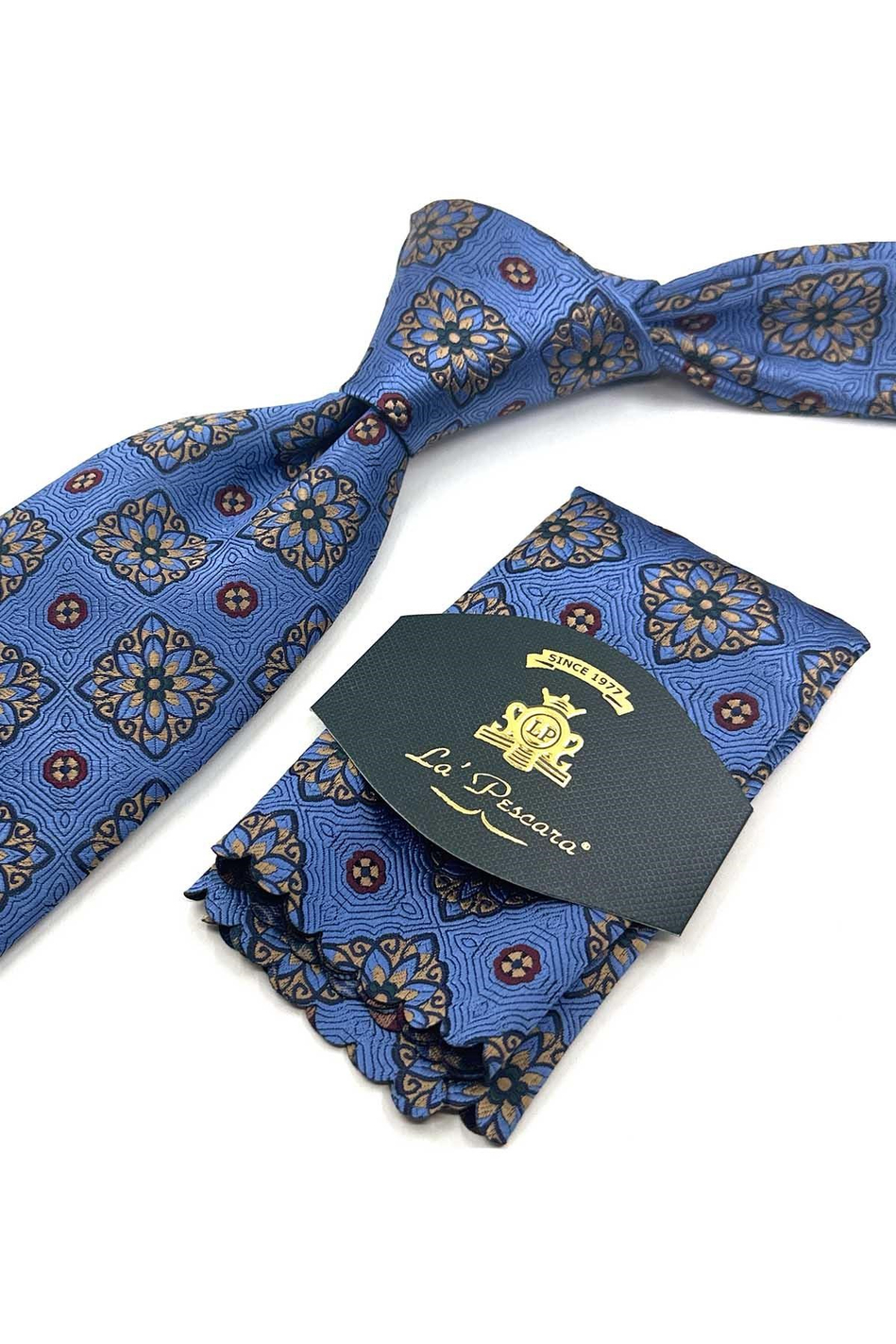 Mavi Motif Desen Mendilli Klasik Kravat KK13737