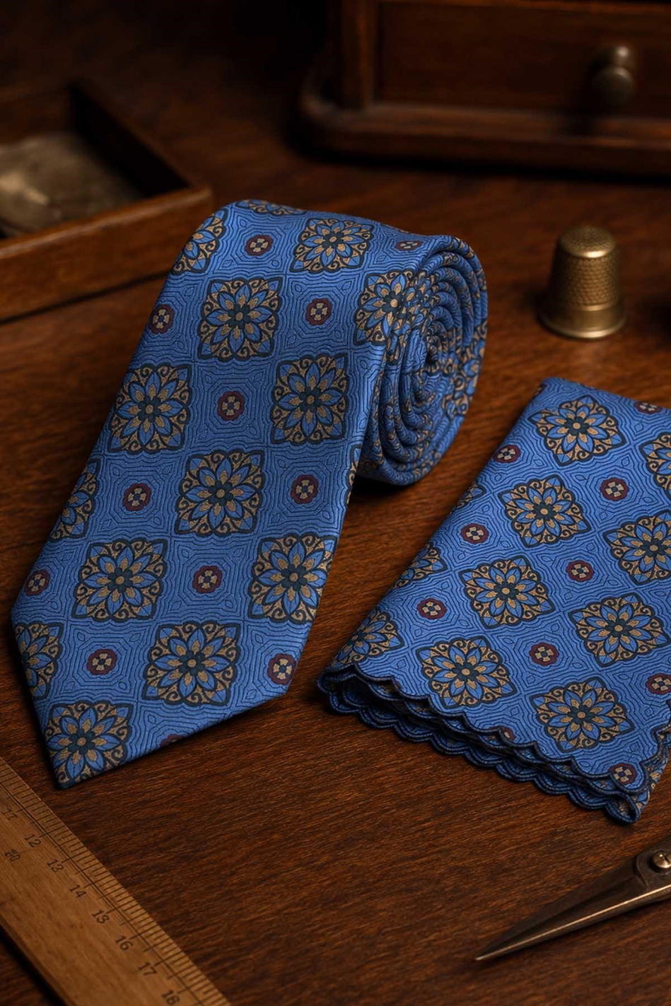 Mavi Motif Desen Mendilli Klasik Kravat KK13737