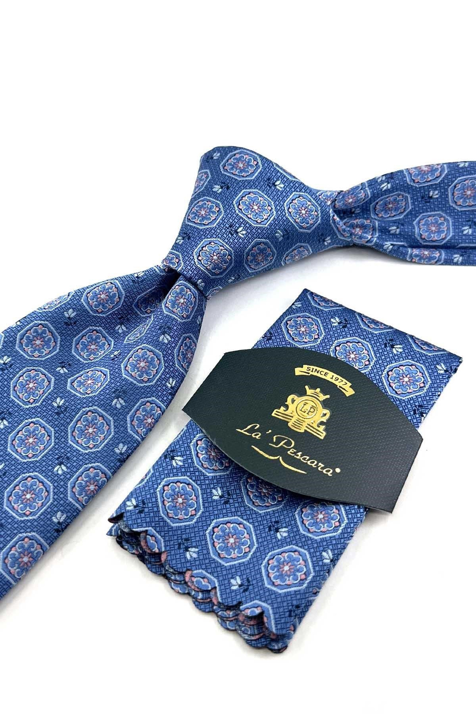 Mavi Motif Desen Mendilli Klasik Kravat KK13946