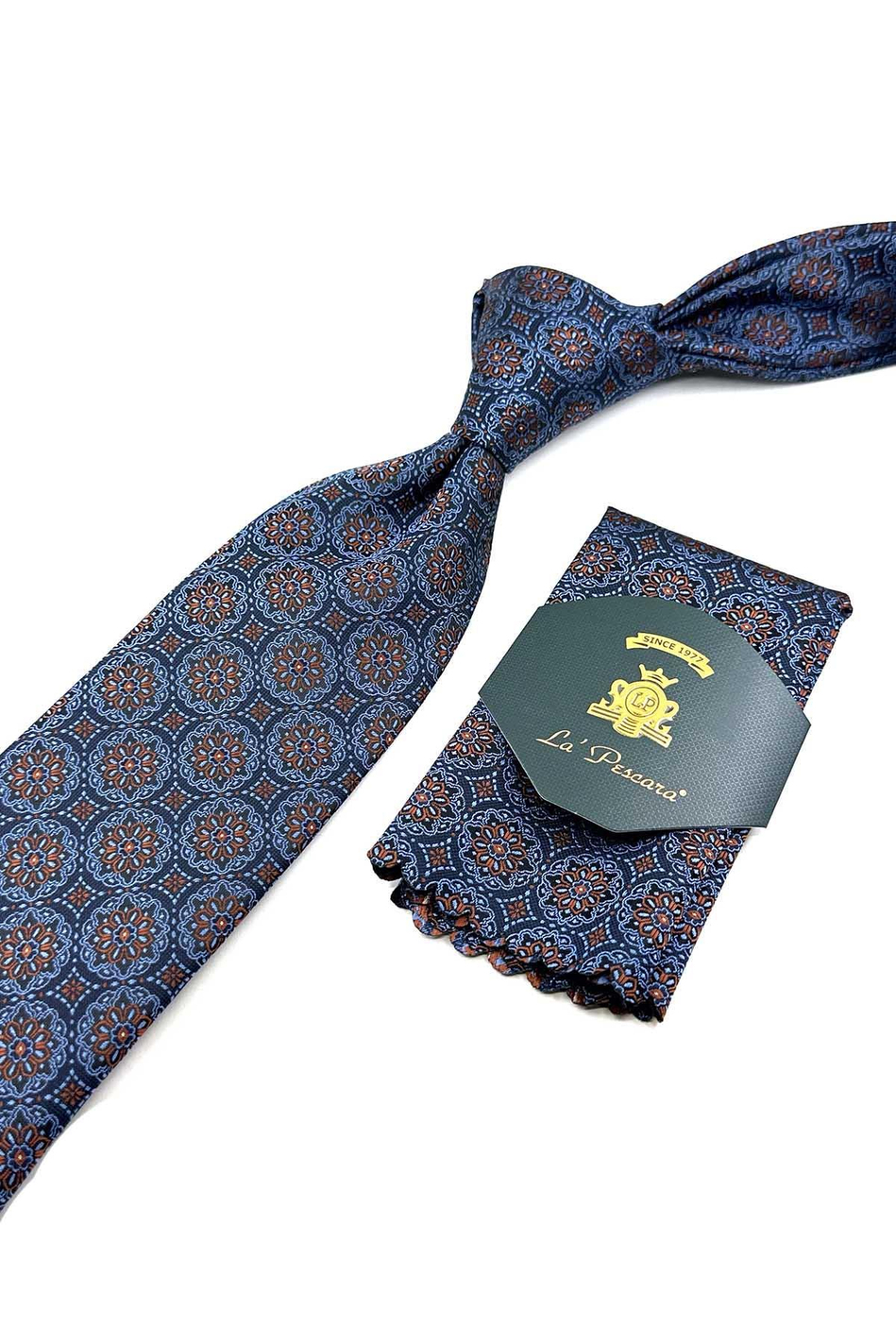 Mavi Motif Desen Mendilli Klasik Kravat KK12675