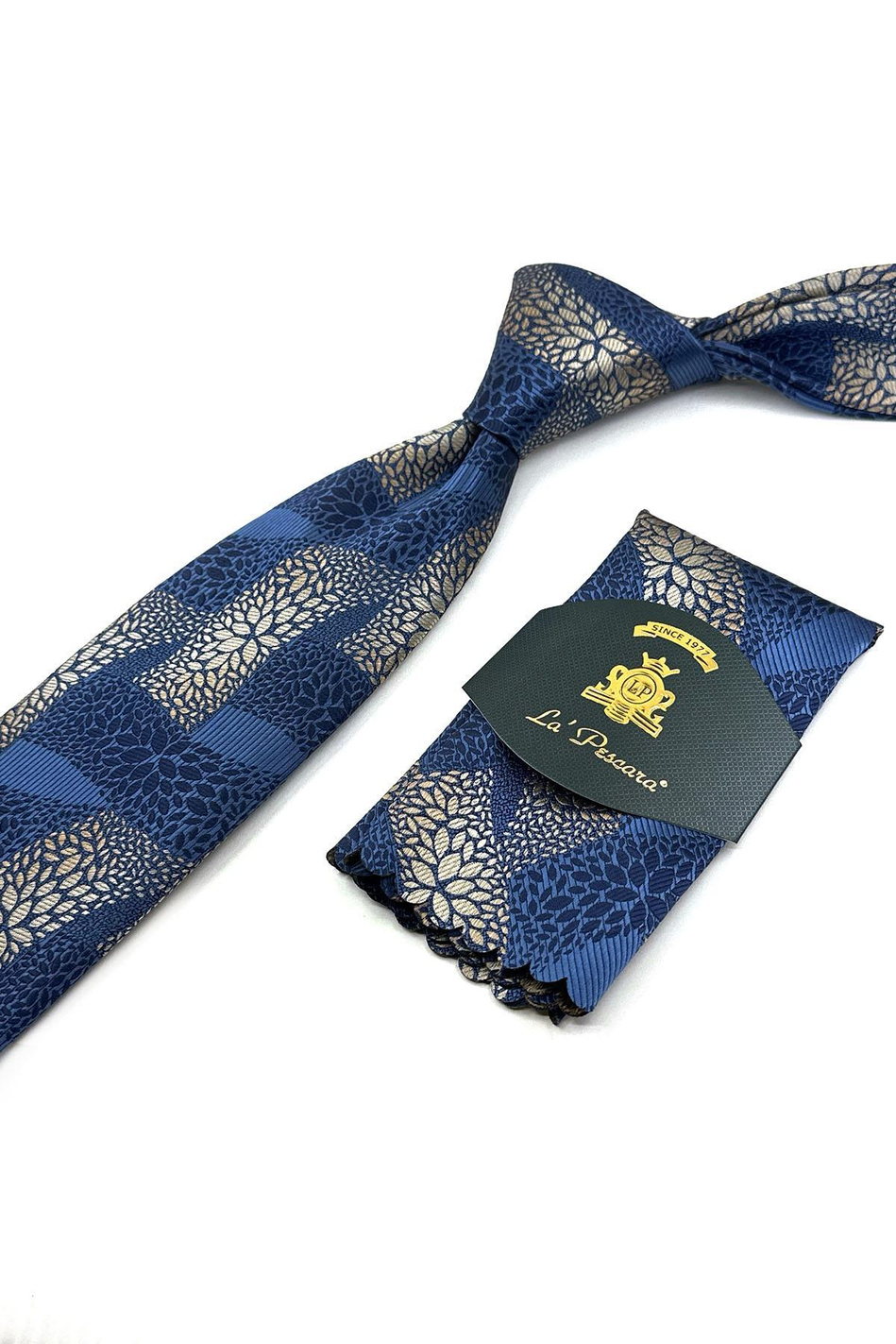 Mavi Motif Desen Mendilli Klasik Kravat KK12056