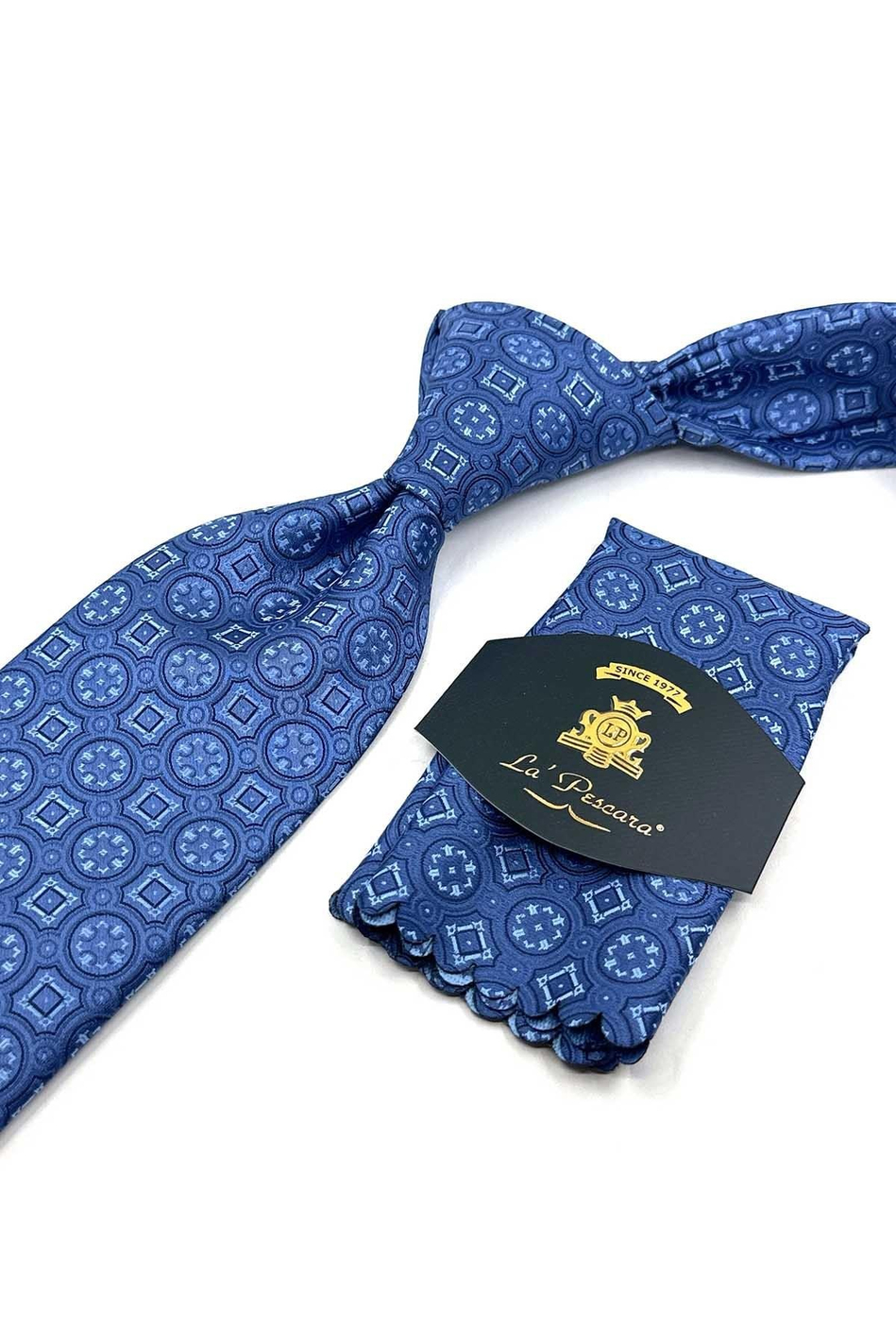 Mavi Motif Desen Mendilli Klasik Kravat KK13998