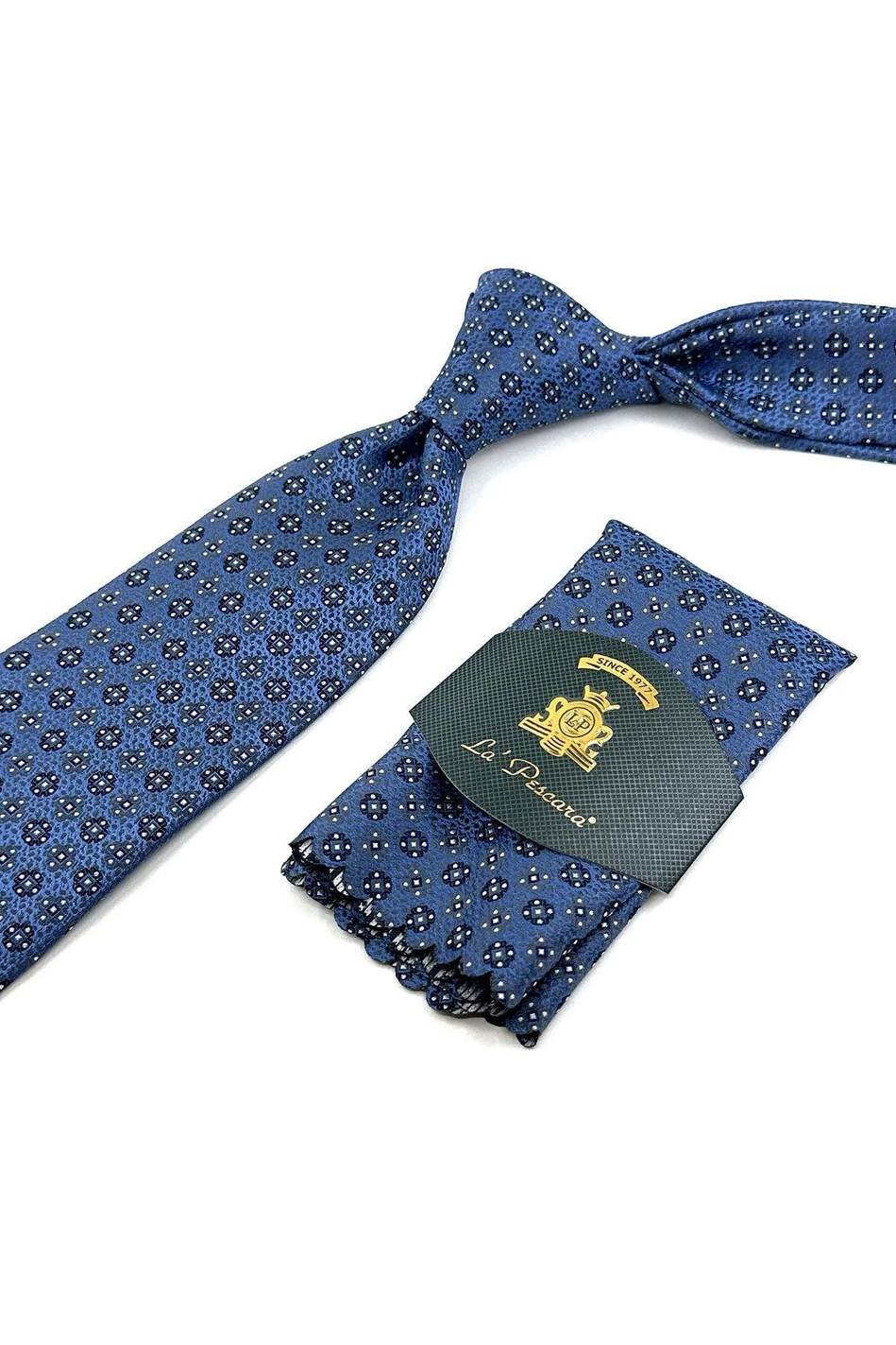 Mavi Motif Desen Mendilli Klasik Kravat KK12073