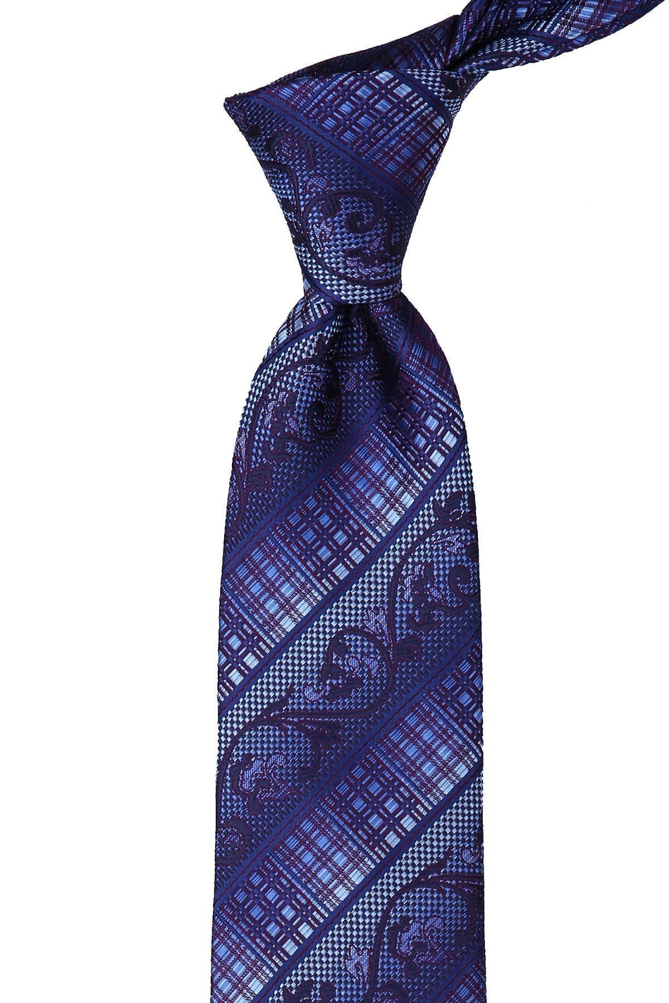 Mavi - Mürdüm Motif Desen Mendilli Klasik Kravat KK10149