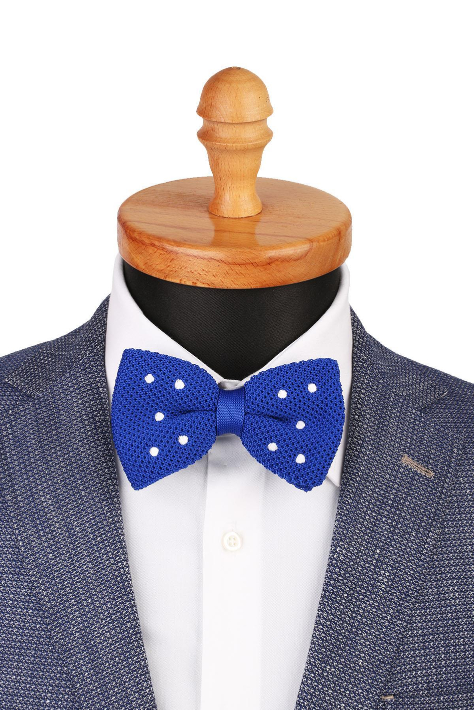 Mavi Puantiye Desen Örgü Papyon ÖR128