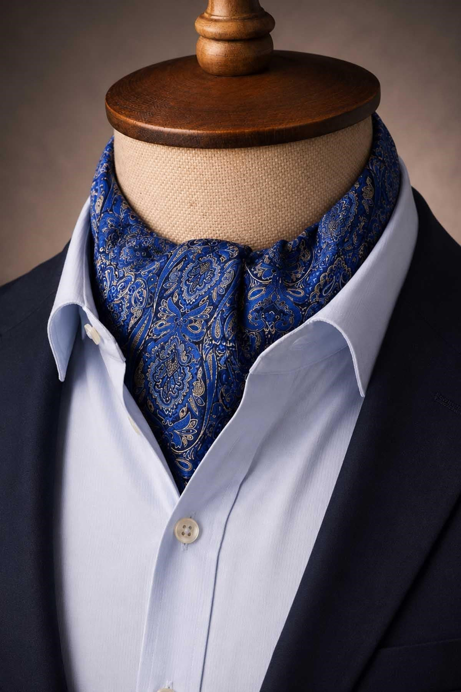 Mavi Şal Desen İtalyan İpek Ascot Kravat SAC107