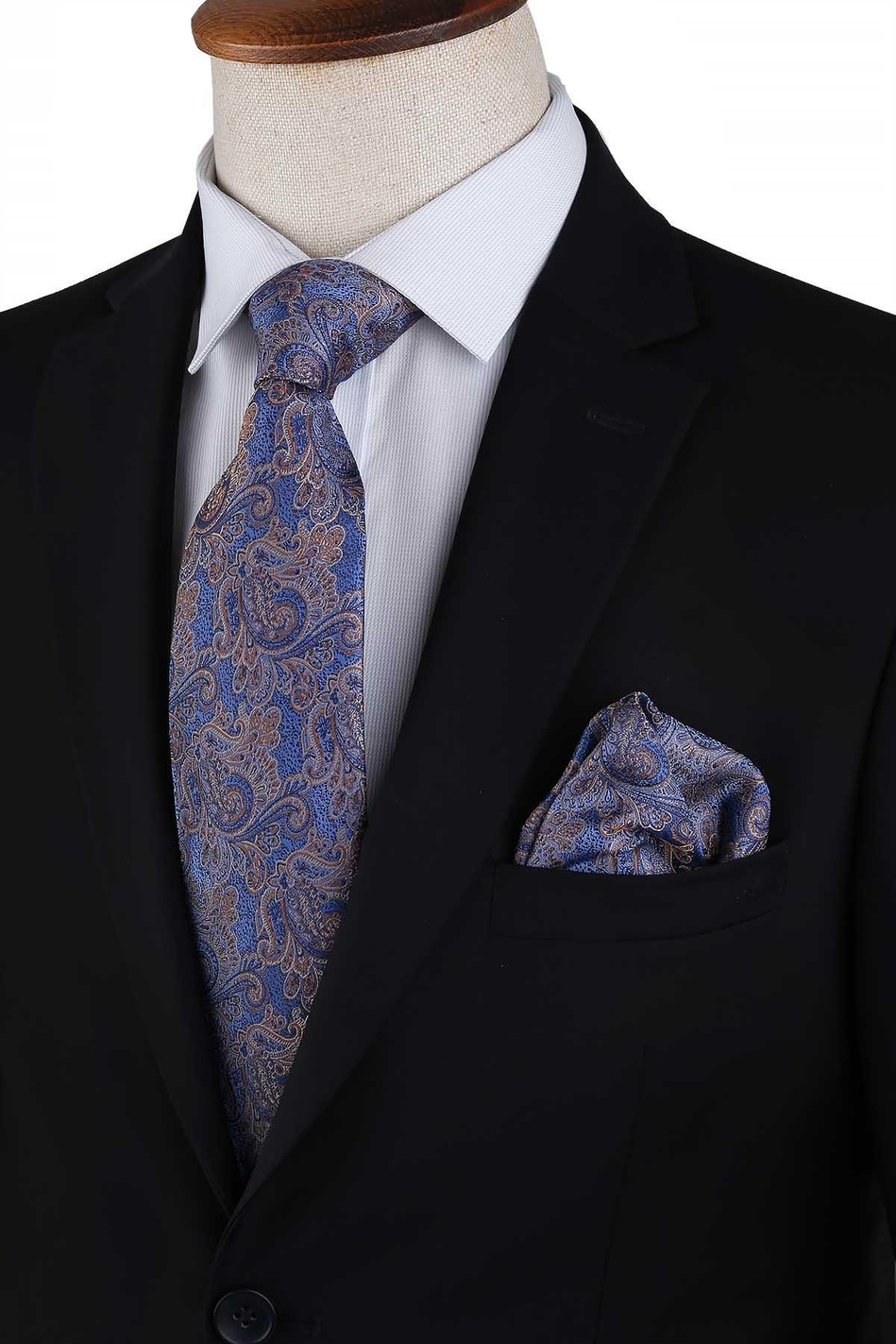 Mavi Şal Desen Mendilli Klasik Kravat KK13125