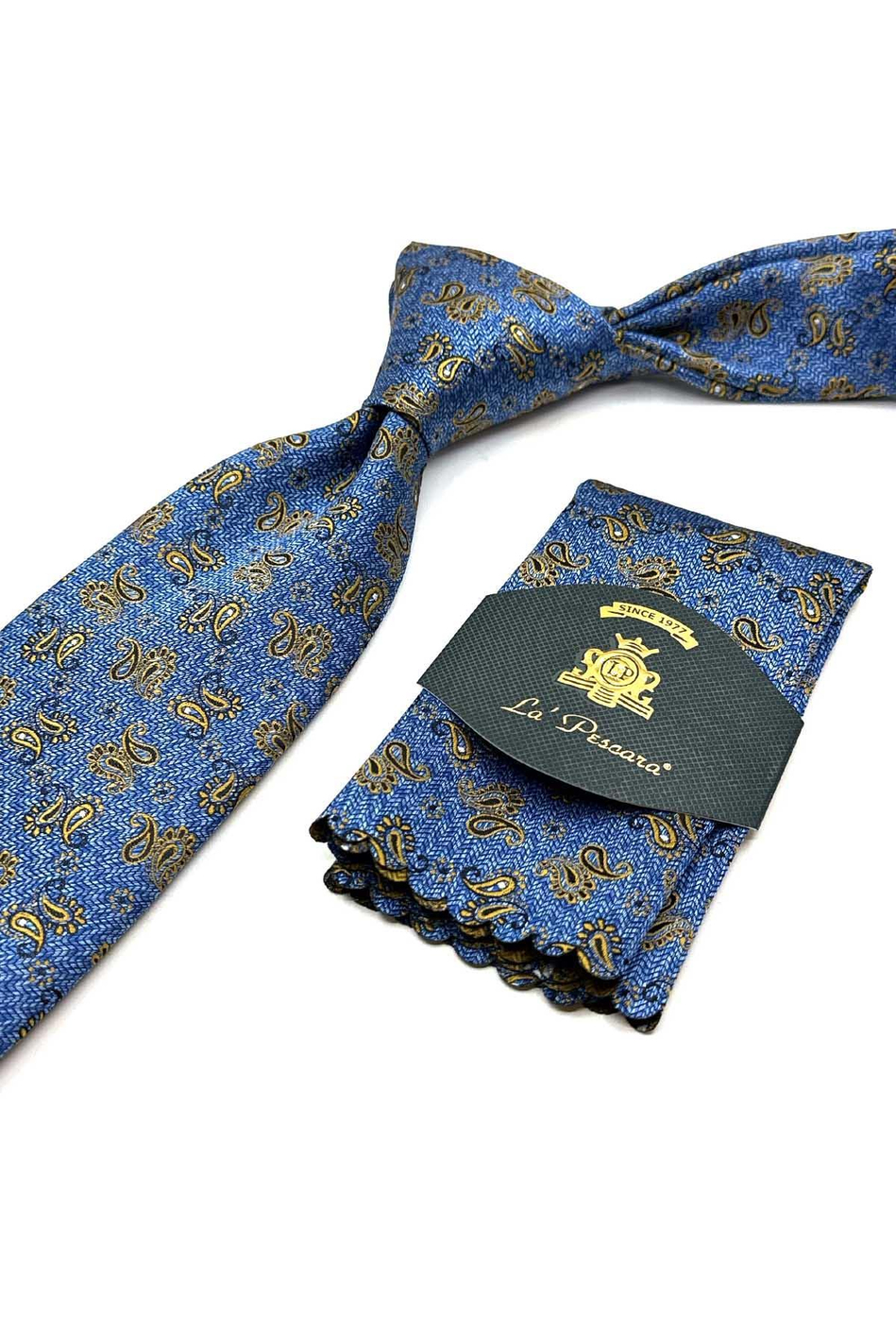 Mavi Şal Desen Mendilli Klasik Kravat KK12924
