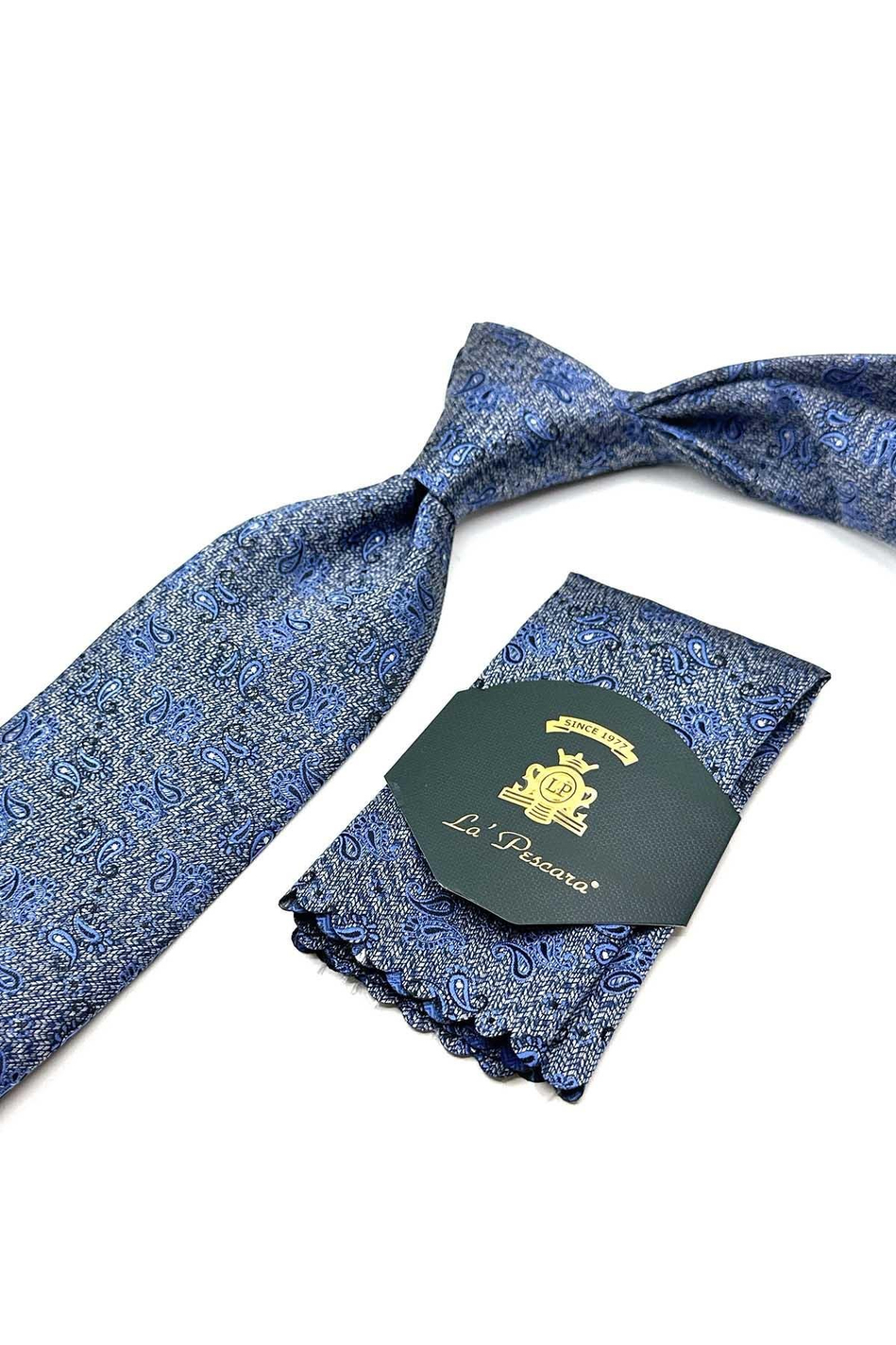 Mavi Şal Desen Mendilli Klasik Kravat KK13110