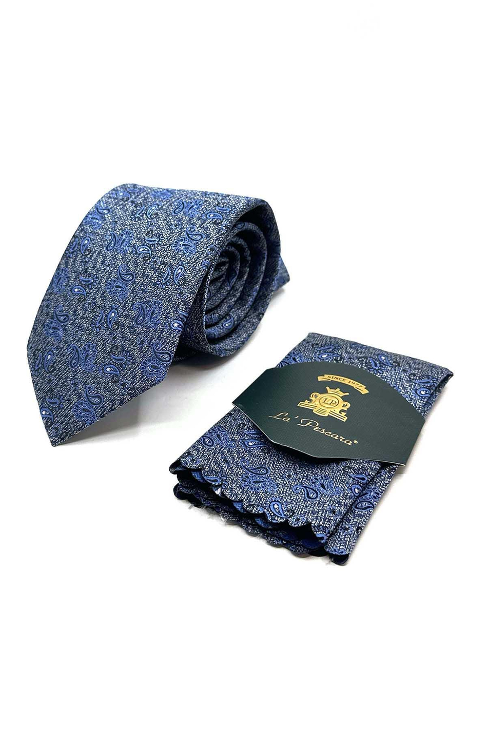Mavi Şal Desen Mendilli Klasik Kravat KK13110
